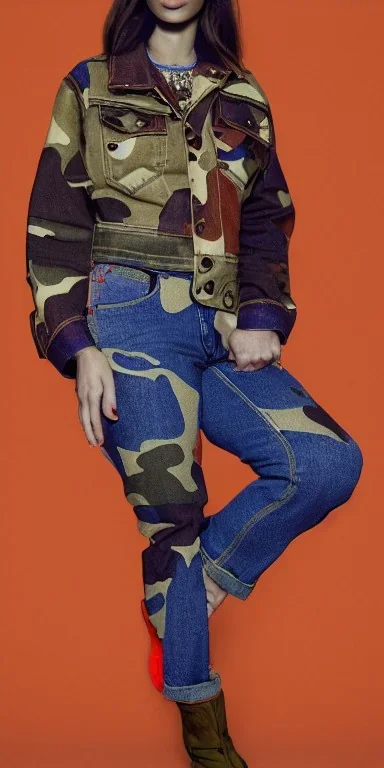 Model, woman. sérigraphie on denim with orange,terracotta, cream and purple colors. Camouflage patterns are screen printed on denim. Brunette woman in her 30's. thick thighs, thick calves, flat belly, wide hip. Mantle is sewed of recycled Denim and sewed together of camouflage pieces. It is with big bright purple felt tippet and cream-colored-hood. mantle is merged with satchel. Style: Haute Couture in 1920's and 1990's in New York. Paris in 2023