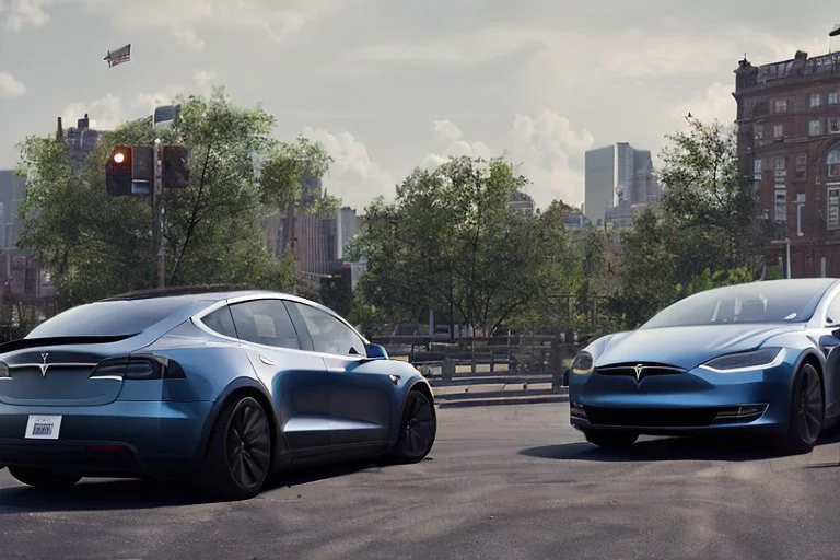 A Tesla 'Model 3' is parked, near the 'Statue of Liberty' in New York. CINEMATIC. WIDE ANGLE LENS. PHOTO REAL.