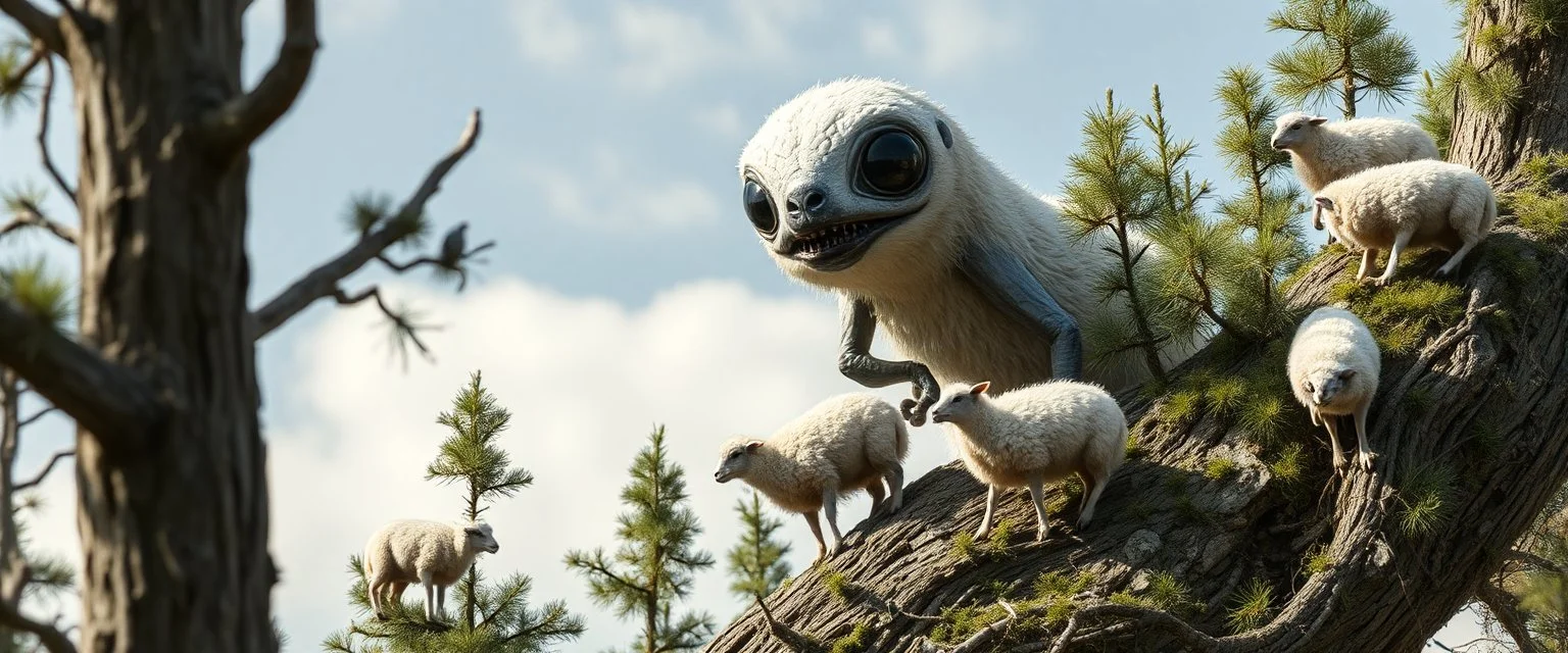 close up on member of giant polar alien sloth gremlin sheep flock climbing trees