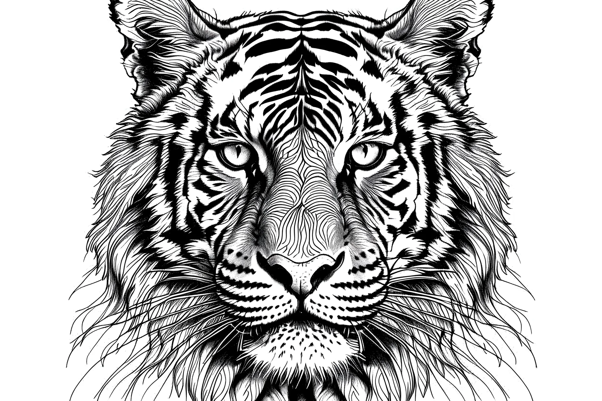 A black and white drawing of a tiger's head looking straight. drawing with a minimum number of lines, details of the tiger