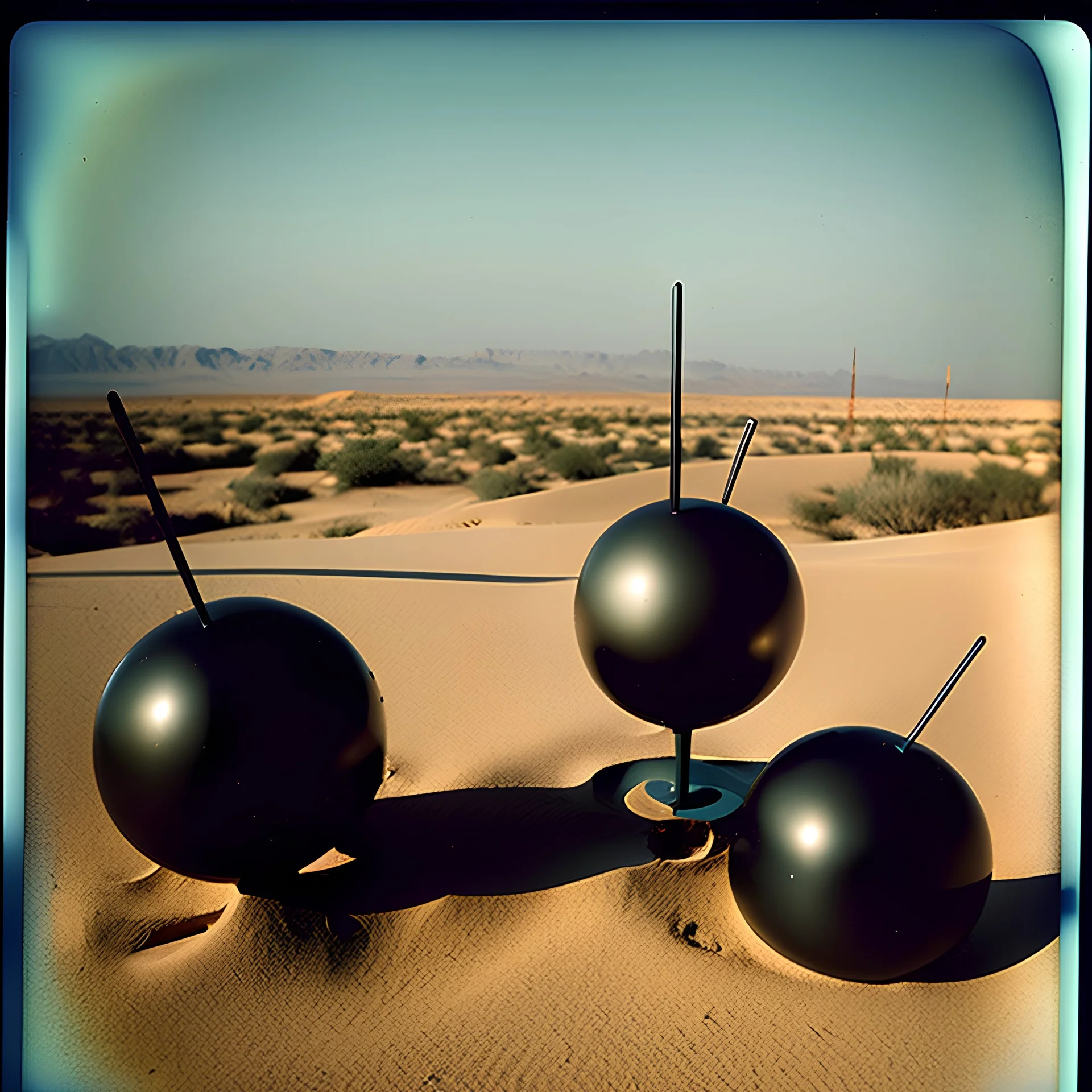 Odd spindle-shaped objects scattered over an arid surface, nothingness, close-up, polaroid, in Yves Tanguy style, nightmare, highly hypermaximalist