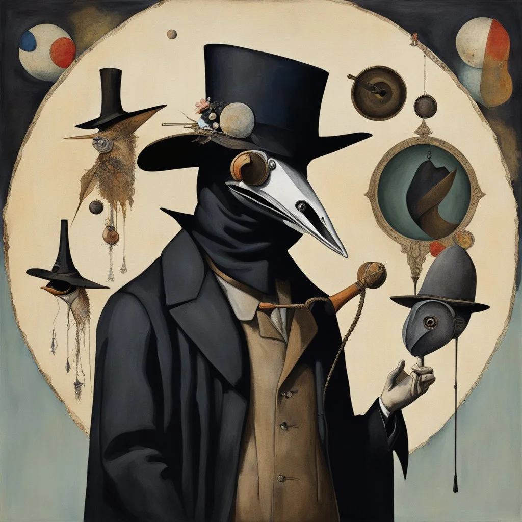 Eclectic Surrealist Fusion, oddball nihilism, Kandinsky, dramatic, collage, plague doctor