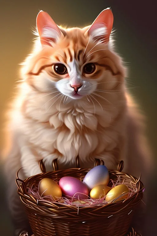 am easter cat holding a basket of jewels and gems. His fur is realistic. The background is a romantic carpet bokeh digital painting extremely detailed studio lighting crisp quality and light reflections 8k cinematic lighting portrait photorealistic ultra detailed cinematic postprocessing focused