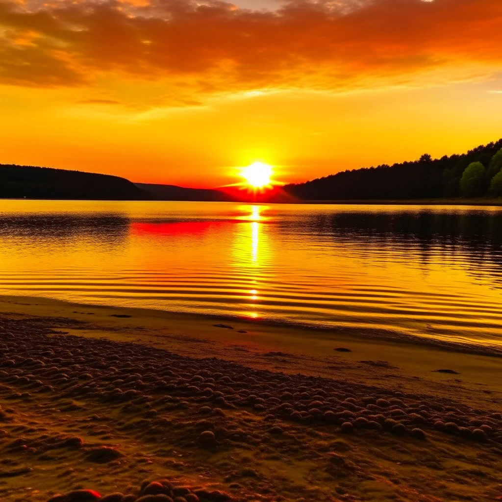 Photo of sunset on the beach of a Czech lake. 8K