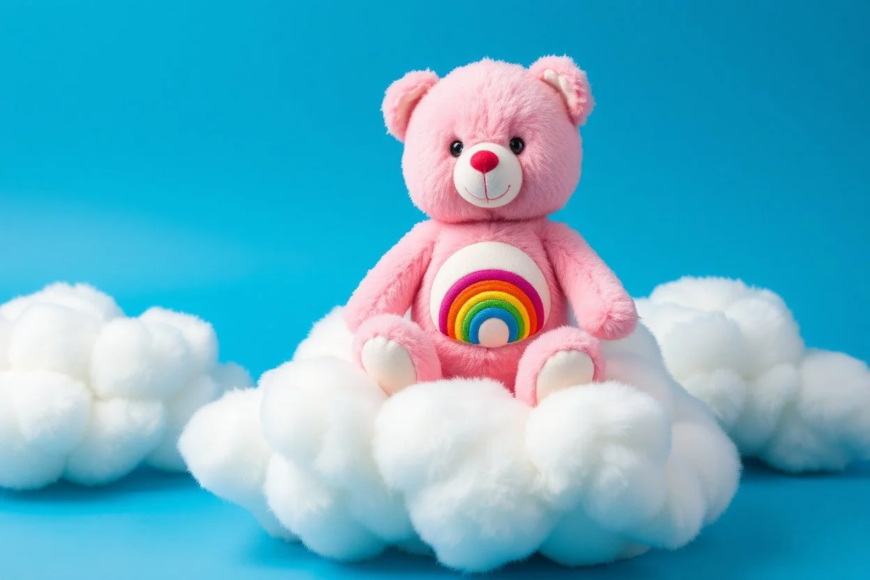 overstuffed white plushie stuffed toy clouds, a vintage pink care-bear(cheer bear) plush with tummy symbol(Rainbow) sitting on top of the cloud, blue background