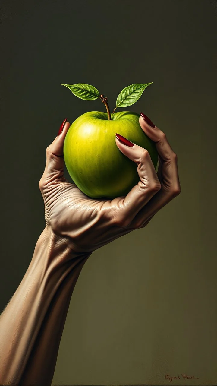 Bosch style painting , A 3D evil hand holding a green apple
