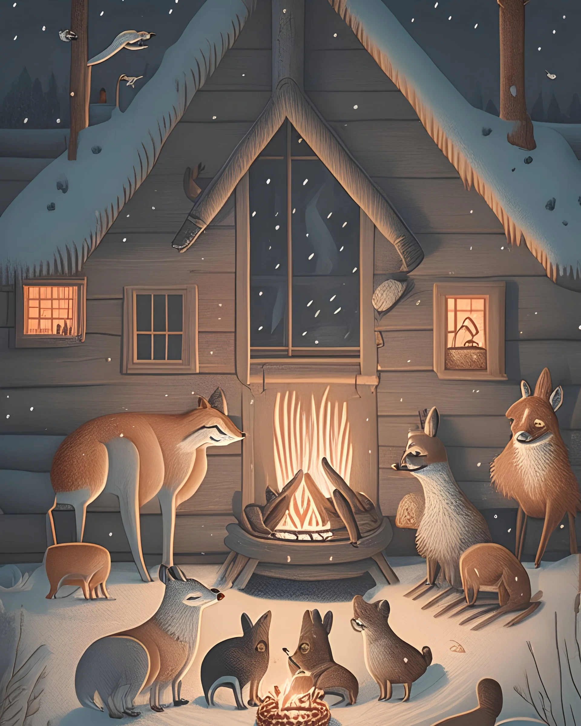 A heartwarming scene of a family of various animal species gathered around a warm fire in a cozy, snow-covered cabin, in the style of folk art, charming simplicity, earthy colors, and rustic textures, 10K resolution, inspired by the works of Grandma Moses and Edward Hicks, celebrating the warmth of togetherness during cold winter nights.