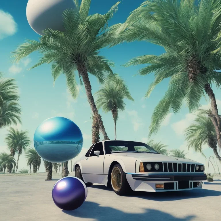 1980's aesthetic vaporwave palm trees and spheres and sports car