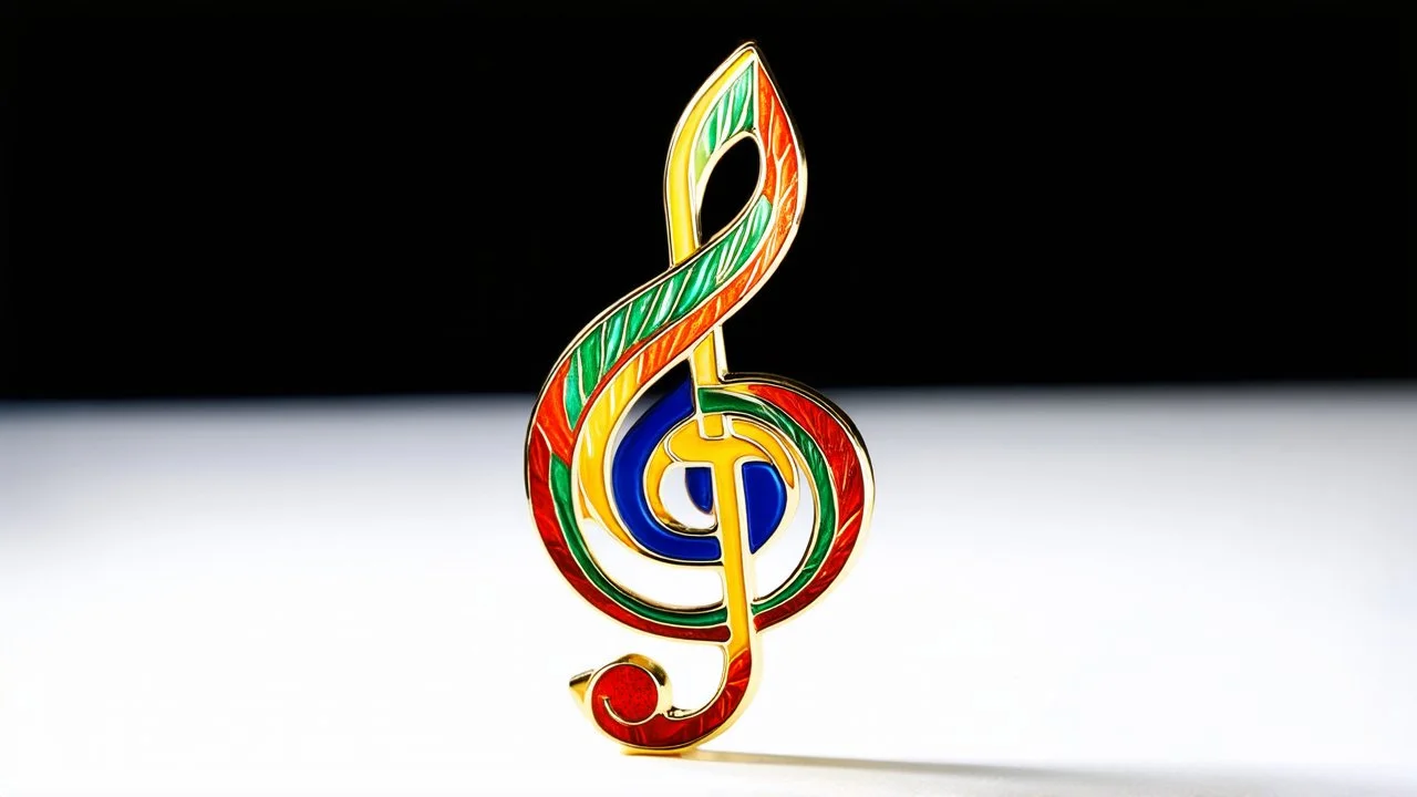 Attractive musical sculpture based on the treble clef symbol, enamel paint multicoloured, amazing detail, beautiful composition, award-winning photograph, astonishing realism, 28mm lens, adjust perspective