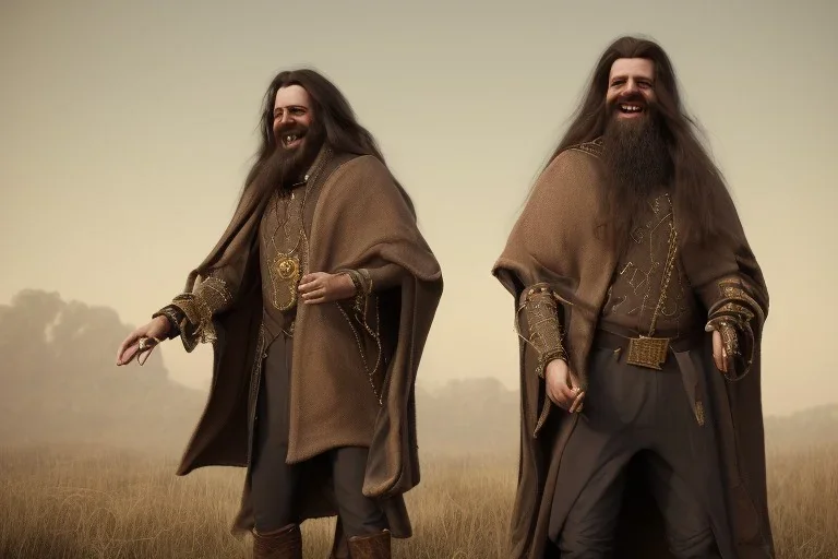 An ethereal laughing long haired bearded tall man wearing rugged long merchant's coat a cape and gold earrings and jewelry. medieval fantasy, black background