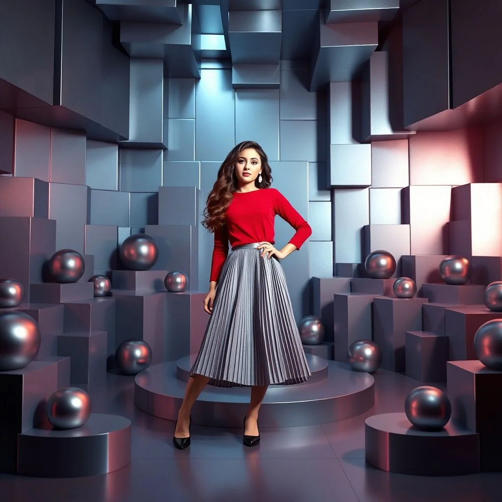 make a picture pretty stage made of metallic blue-gray teme 3d recursive cubic and sphere and cylinder base structures and a beautiful fashion model lady posing with cute in black and white and the scene is in color,with dark red top and pretty pleated midi skirt ,makeup curvy long hair,dynamic camera zoom to full body and pan, dynamic lights.