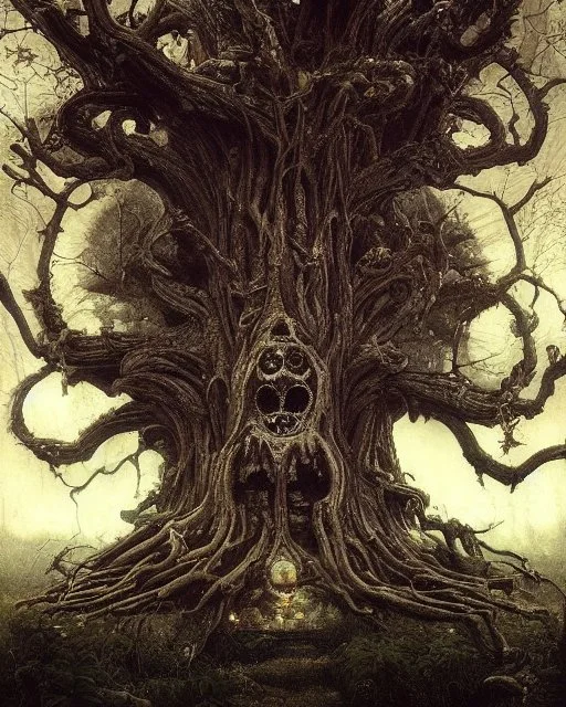 A beautiful highly detailed ancient tree with ornate intricate demon skulls grown into it, sticking out in random places, some screaming, some with glowing eyes, horrorcore made of shiny obsidian glass :: reflective, glassy :: subtractive lighting, backlit :: by John William Waterhouse, Greg Rutkowski, HR Giger :: hyperrealistic, hyper detailed, photorealistic :: epic, incredible composition, amazing depth, meticulously composed, 16k resolution concept art :: fantasy magazine cover art