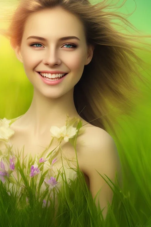 Beautiful pretty smile of girl in picture in grass flower ground in afternoon, 12k resolution, super HD, detail realístiC PHOTOGRAPH