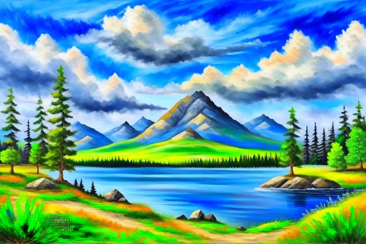 Clouds, mountains, tree, rocks, grass, lake, lake reflections, distant mountains, distant trees, impressionism painting