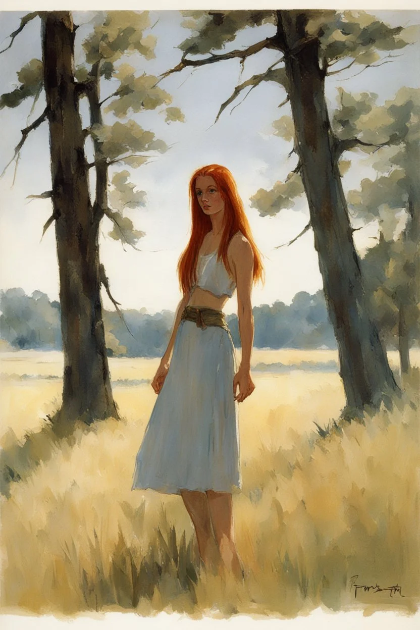 full body and headshot of a skinny young woman, with long straight red hair, standing in an open field, surrounded by trees, Frank Franzetta