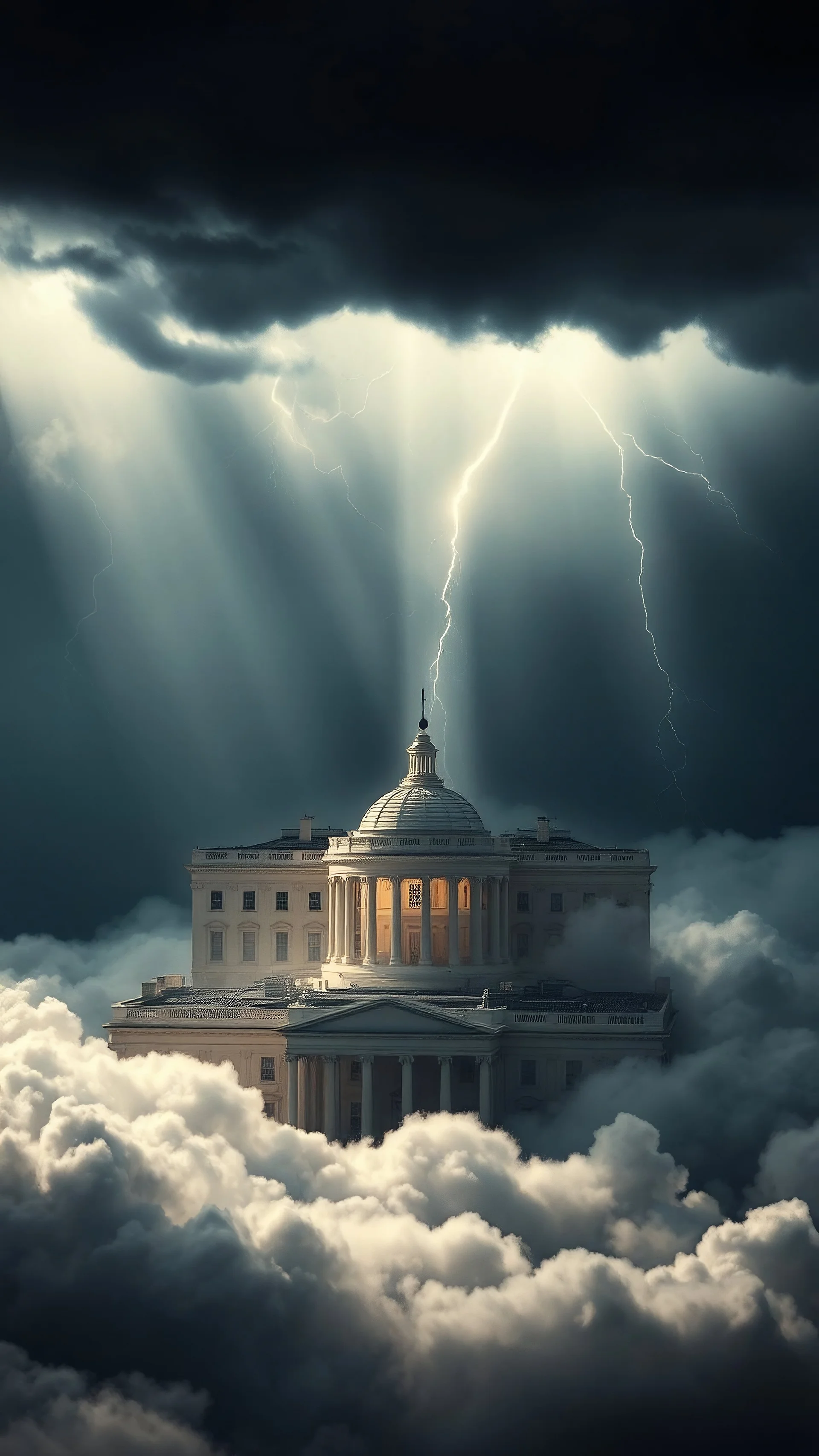 A ufo hovering above the pentagon building hovering above swirling clouds, emerges from the heart of a raging storm. Turbulent winds of steam swirl around the iconic structure, lit by shafts of sunlight that cast dramatic shadows on the A large UFO spacecraft hovering over the White House surrounding clouds. A storm rages and thunder lights up the dark sky,