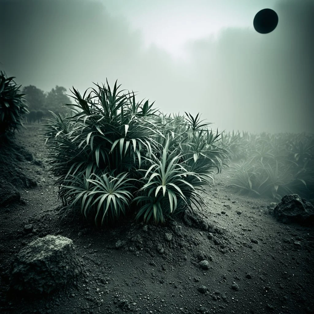 A striking quality photograph captures a wasteland with groups of plants, creepy, details of the dust very accentuated, glossy organic mass, adorned with minerals and rocks. Bathed in intense light, eerie, Max Ernst style, black sun, fog