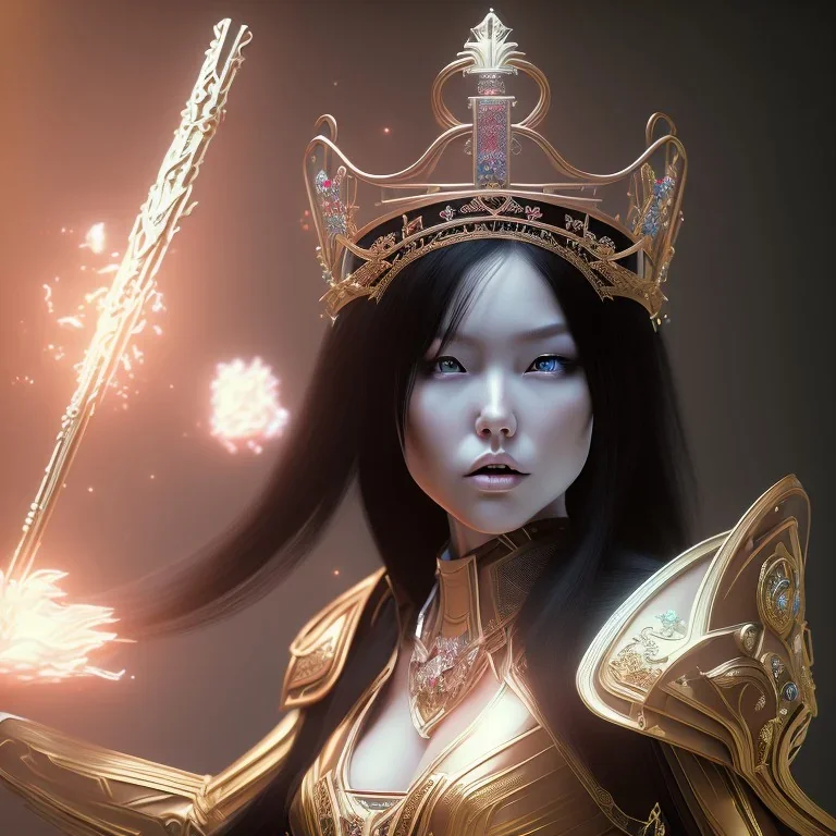 hitomi tanaka, long black hair, full body, Unreal Engine 5, highly detailed, highest quality, digital painting, complex 3d render, unreal engine render, insane detail, intricate photograph quality, magnificent, majestic, highly intricate, Realistic photography, grand hall, wicked throne, holding scepter, crown of barbwire, dark color palette, metallic, highly detailed, highest quality, digital painting