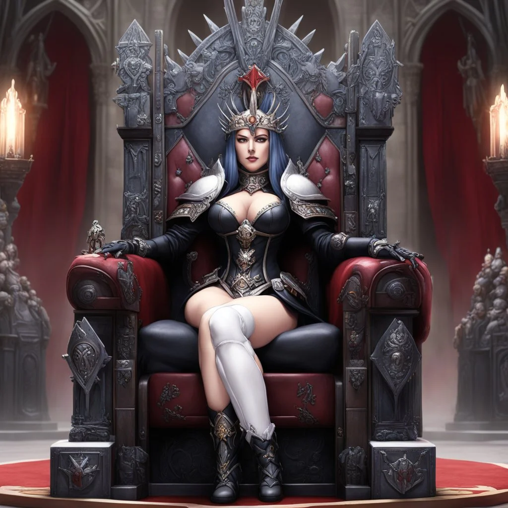 some extra heretical 40K, a genderbent version of Big Emmanuelle himself on the throne. Or is it herself here, I guess? regular, slightly fetishistic 40K style of depicting females with boobplates and all and still have the figure af the Big Emmanuelle exude an air of serious authority.