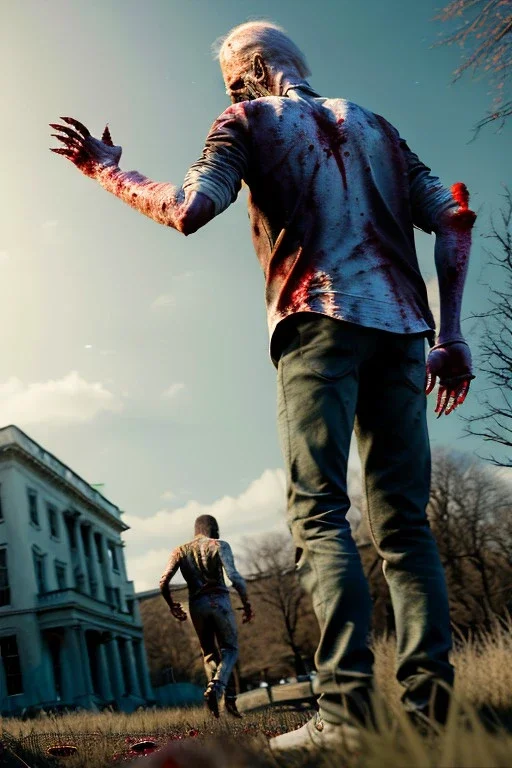 Ultra realistic image, joe biden zombie, zombie performance, blood, torn arm, night, walking twisted, waist up view, walking dead style, dark ambient, highly detailed, White House background, concept art, unreal engine 5, god rays, ray tracing, RTX, lumen lighting, ultra detail, volumetric lighting, 3d, finely drawn, high definition, high resolution.