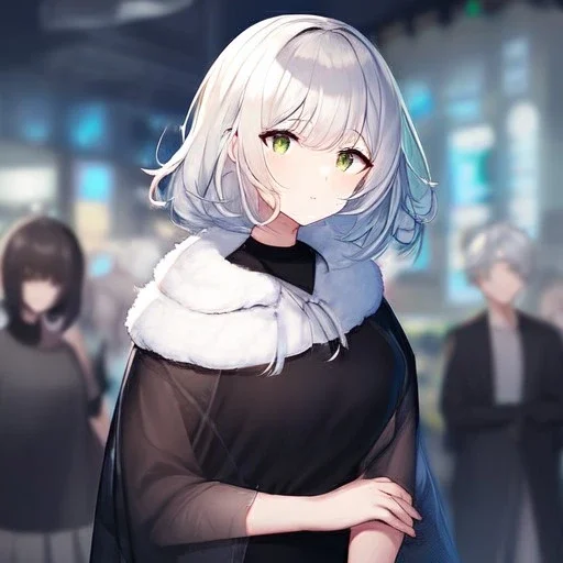 Clear focus, High resolution, light grey short hair, dark green eyes, wearing a black t-shirt and black skirt, fluffy hair, detailed outfit, really fluffy hair