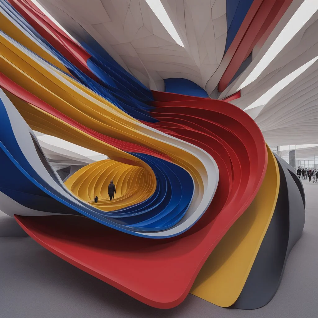 Front view exterior Museum of art in the form of flower petals architecture style Zaha Hadid linear drawing colors red white blue and yellow hyper-detailed 8k