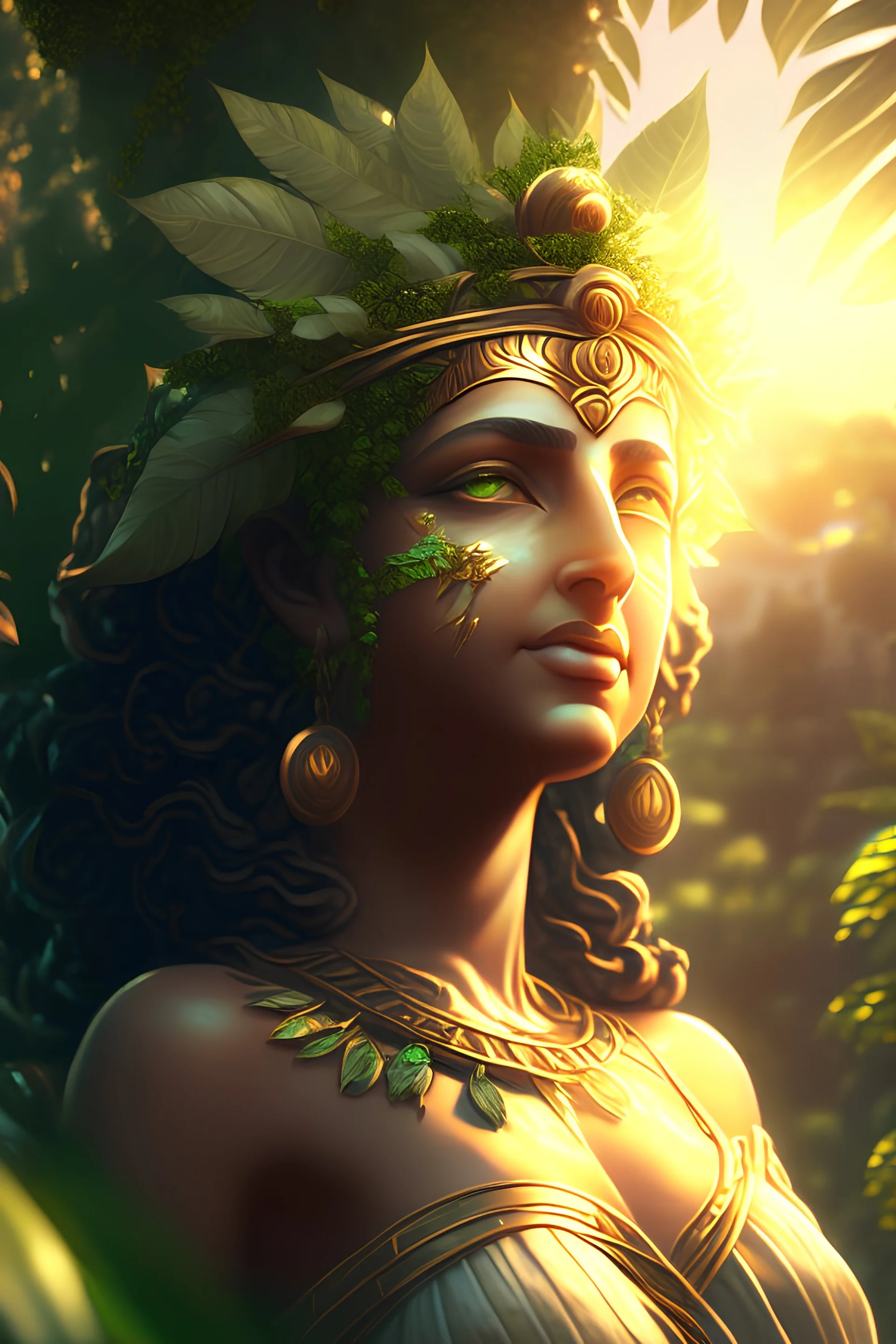 Ancient greek godess in lush greenery, jewels, sunriser, 4k ,hd