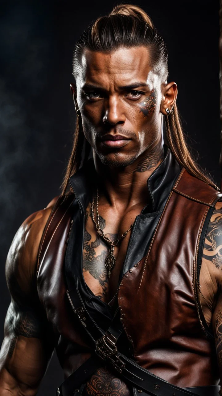 portrait of a 35 year old Handsome muscular male with dark bronze skin adorned with tattoos. His long light brown hair is tied back in a pony tail. He's wearing a leather vest and has a dagger which hangs from his belt. Dark fantasy. Hyperrealistic