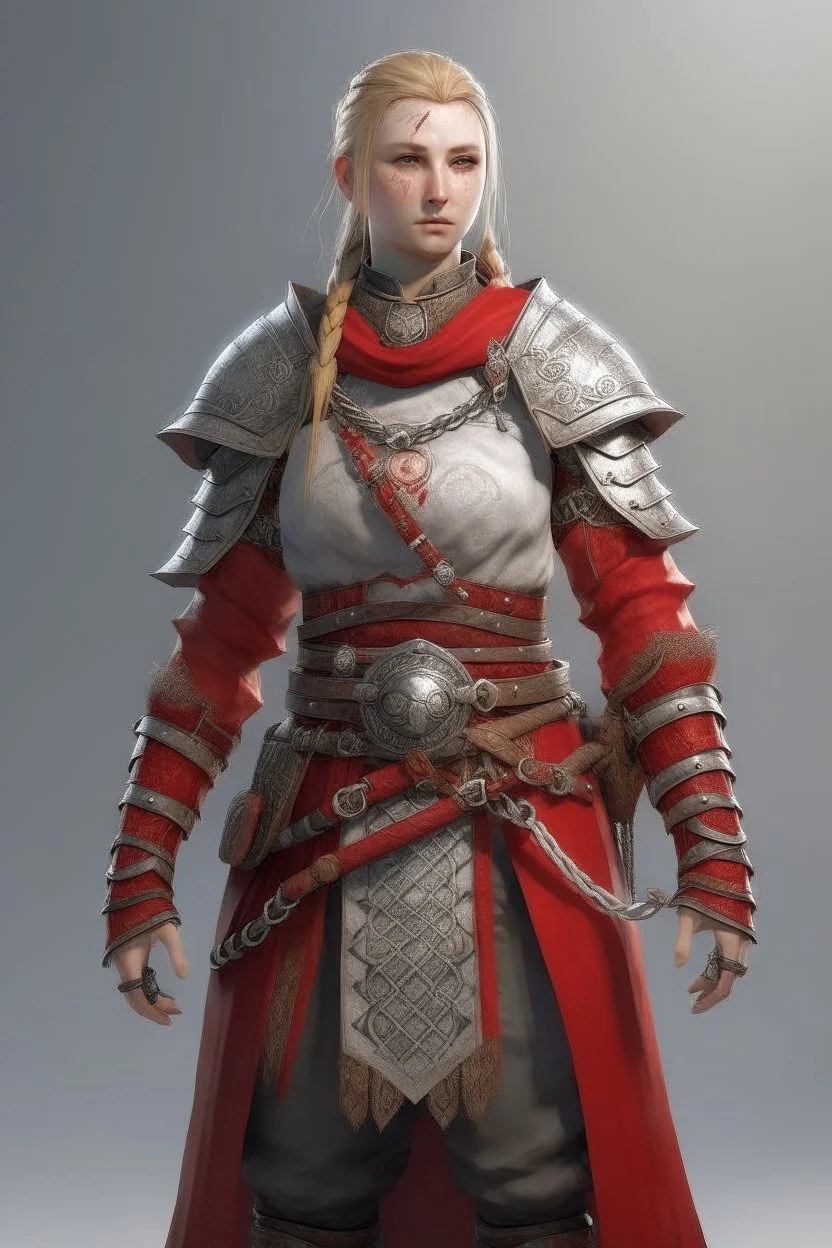 full length22-year old, nordic looking female human cleric with a necklace of red beads, wearing scale mail