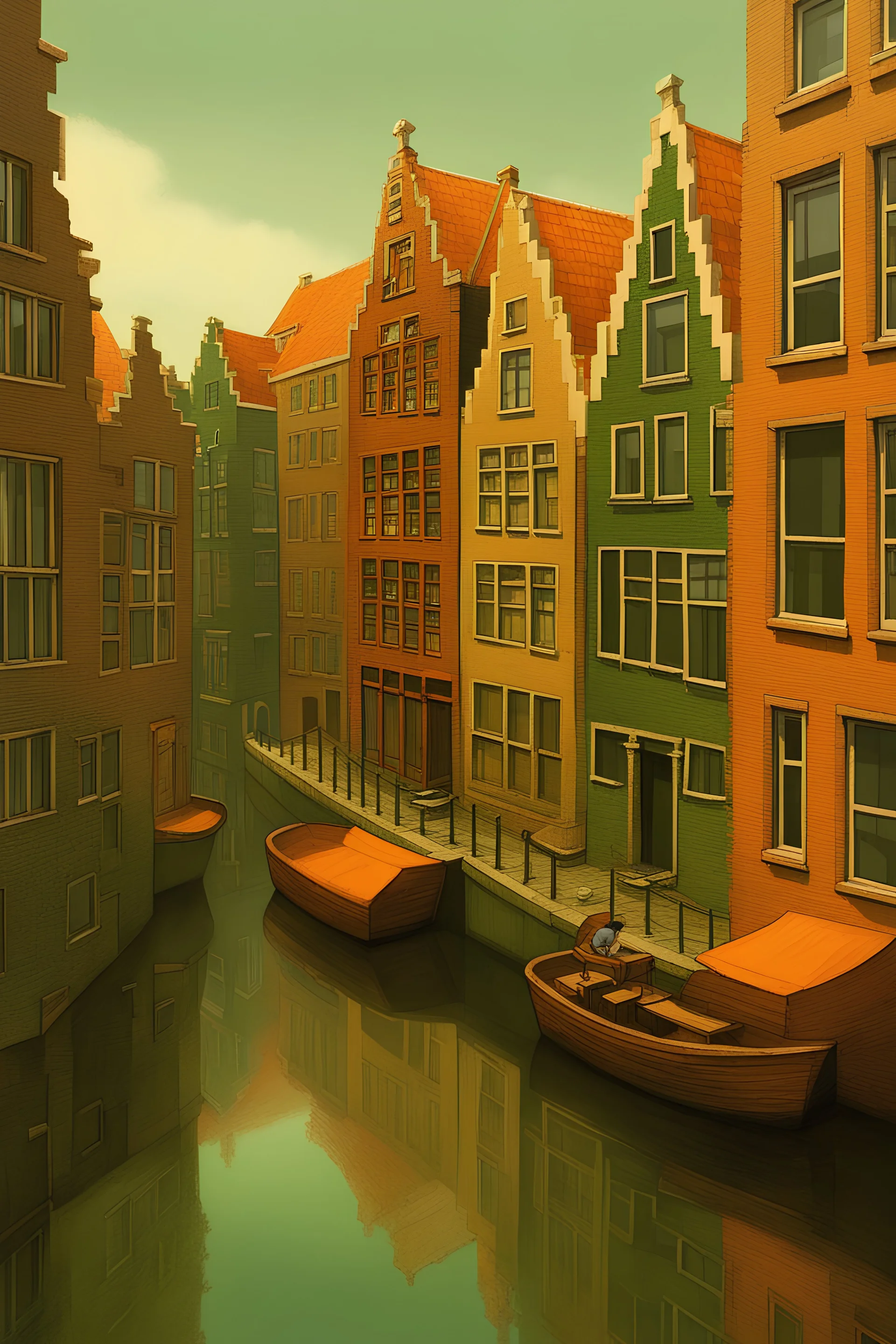 They took him to a place, unlike he'd ever seen, A city filled with houses, in shades of orange and green. They called it Amsterdam, art by Gediminas Pranckevicius