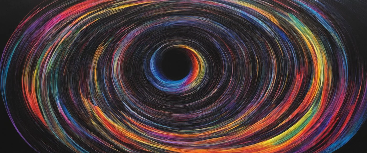 colorful, rainbow, A visually striking and abstract representation of the void and a black hole, utilizing dark hues and dynamic shapes to evoke the enigmatic and powerful aspects of cosmic emptiness, (visually striking abstract representation:1.4), (the void and black hole:1.5), (dark hues and dynamic shapes:1.3), (expressive and cosmic ambiance:1.2), drawing inspiration from abstract interpretations of the cosmic void and black hole phenomena