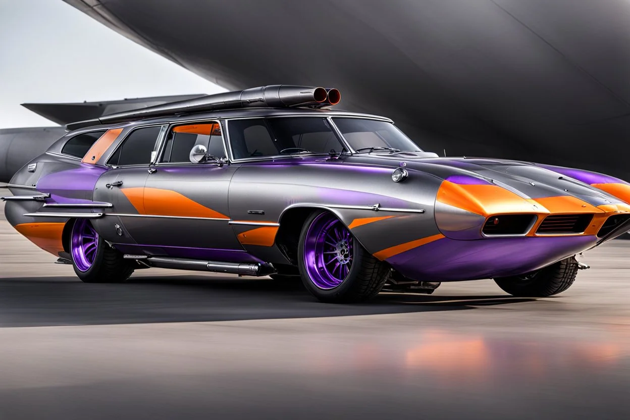 a military fighter jet station wagon hybrid silver and black and orange and purple paint job metallic