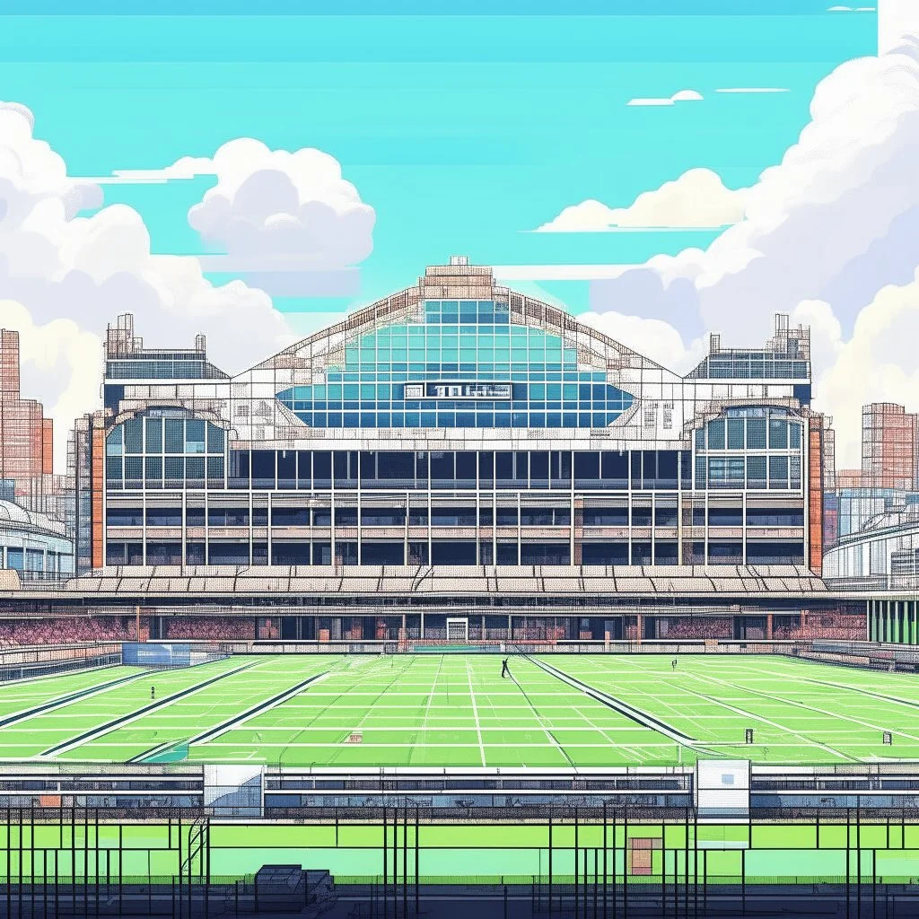 A bright pixel art cyberpunk-style illustration of the fulham stadium the cottagers west london white