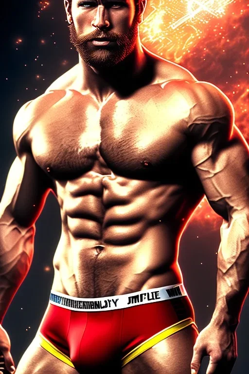 Ignore NSFW, teenager young rugged attractive slightly muscular fantastic handsome man, red briefs with yellow belt, hairy chest, (((visibly pisssing))) briefs, large erect visible boner peniss, photorealistic, artist Jay Anacleto, soft lighting, scruffy beard