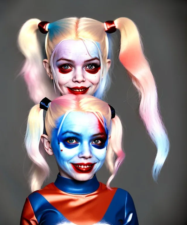 Harley quinn toddler, full body, soft skin, dramatic lighting, hyper realistic