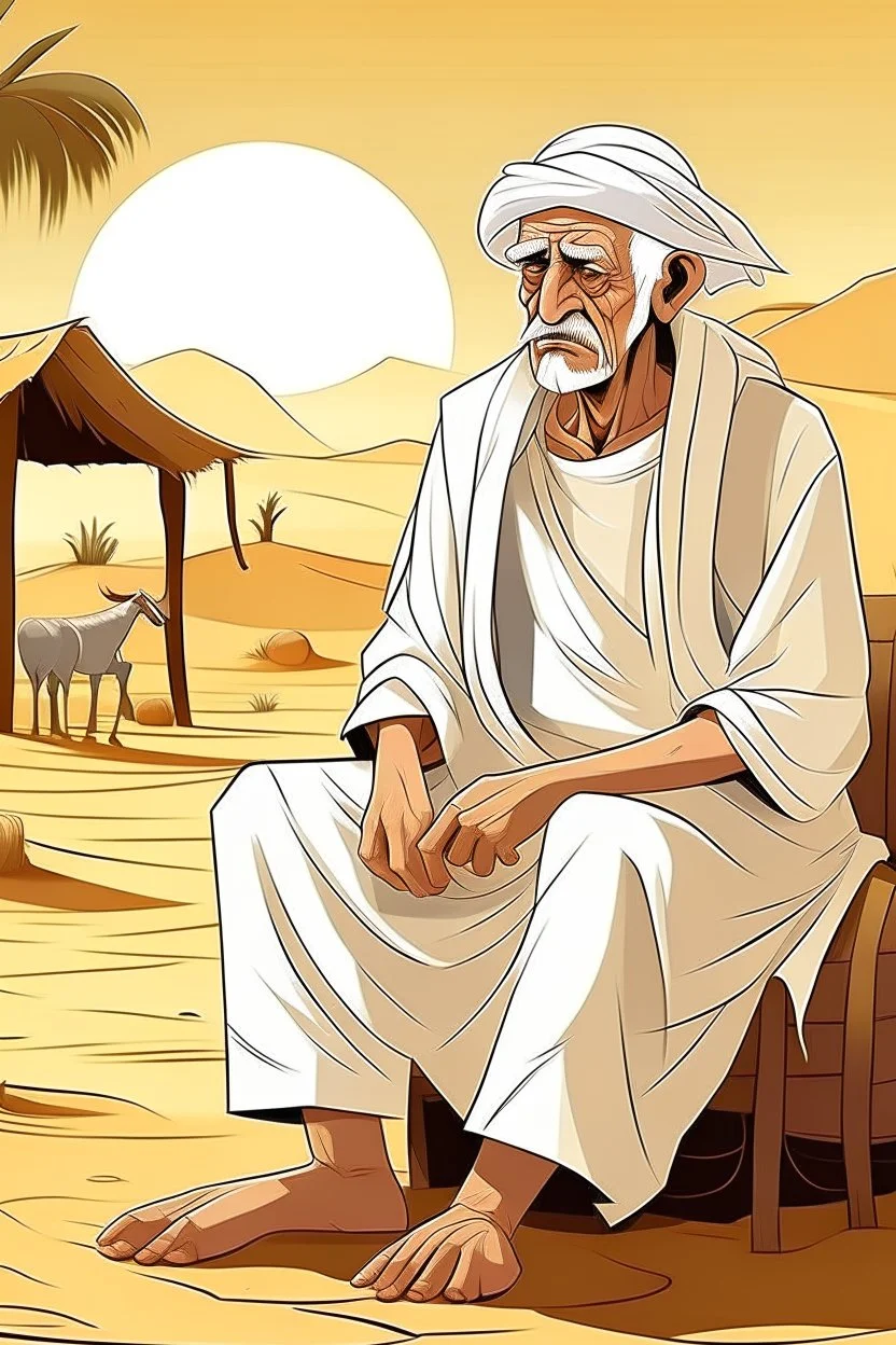 Old man, Arab, turban, white clothes, cattle, desert, council, sun, palm trees, mud houses, holding a stick, looking forward, a very slight smile.cartoon,Sitting on a chair