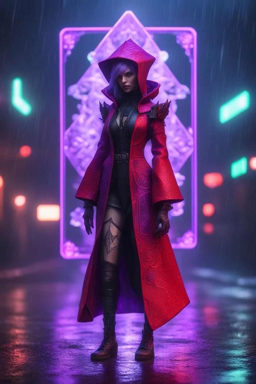 Volumetric fog smack elf lights,paradise sacred geometry framed playing card, black, red, spore and purple neon cyber punk dancer priestess teurgist in soaked rain coat shadows boss card in the style of escher and fallout 4 ,,bokeh like f/0.8, tilt-shift lens 8k, high detail, smooth render, down-light, unreal engine