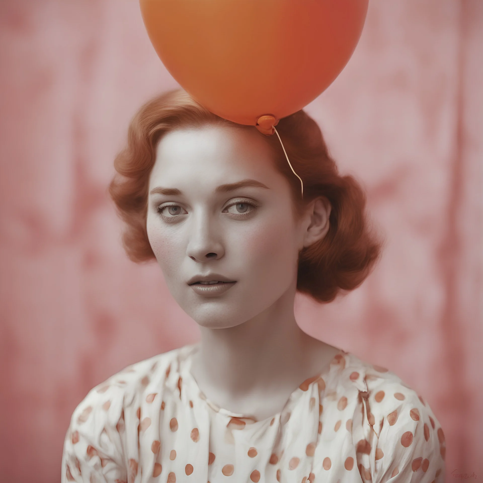 A woman , freckles, with a balloon at the circus, 1960s, red, orange, pink, golden