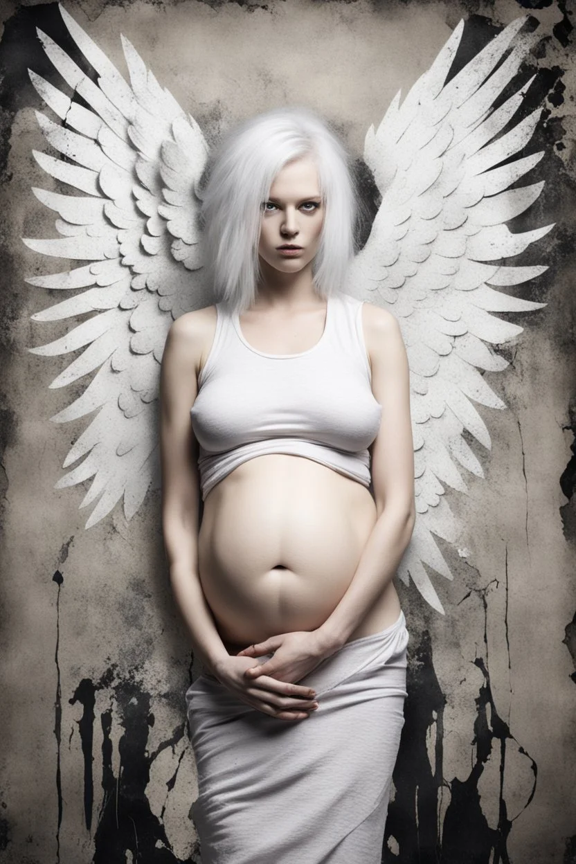 Pregnant Punk, Angel, portrait, white hair, background old canvas torn cracks, mystical