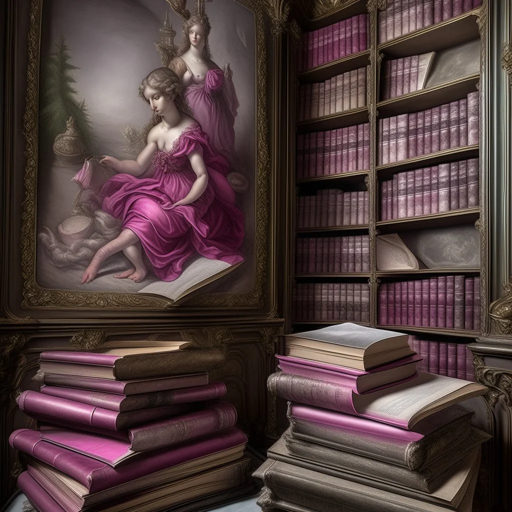 A grayish magenta magical archives with fairytale books painted by Michelangelo di Lodovico Buonarroti Simoni