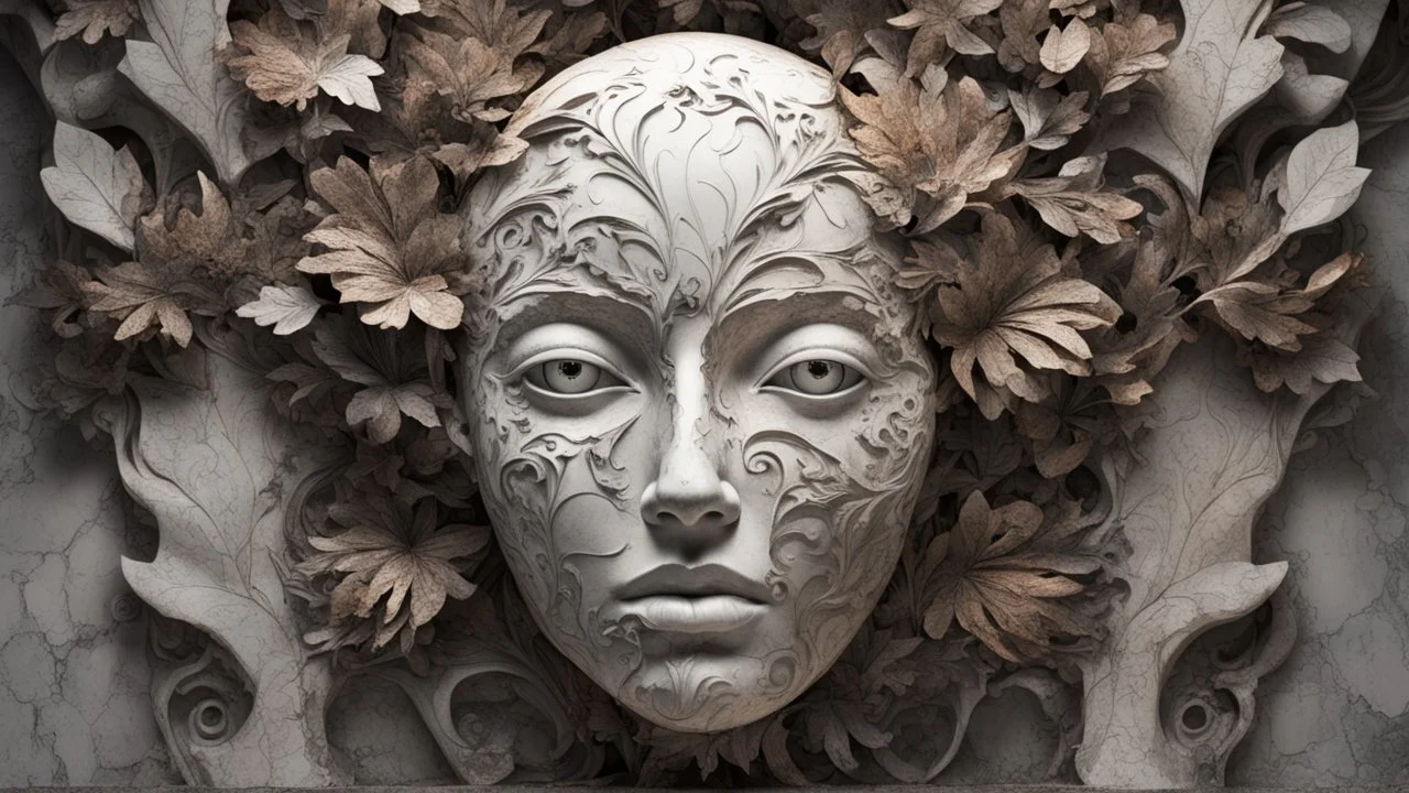 face that re-emerges among iron flowers and marble leaves, showing intricate textures and lighting effects