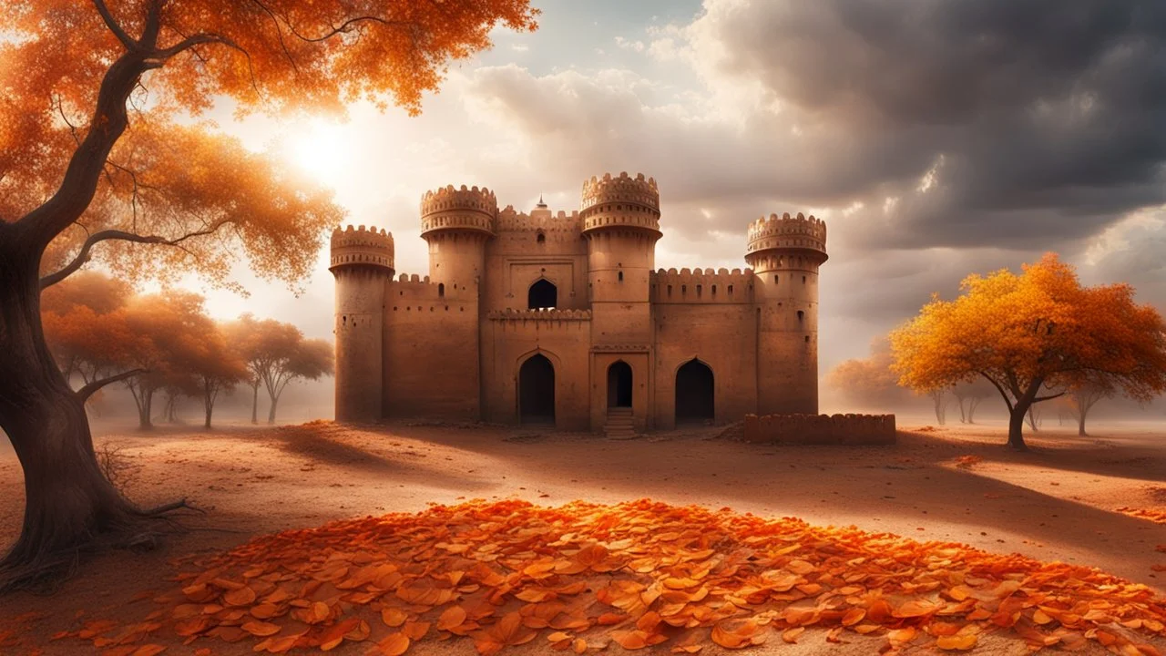 Hyper Realistic Photographic Outside View Of A Rajasthani Fort In An Autumn Season with dried Orange Leaves on the land & thick autumn trees with cloudy-sunrays showing dramatic & cinematic ambiance.