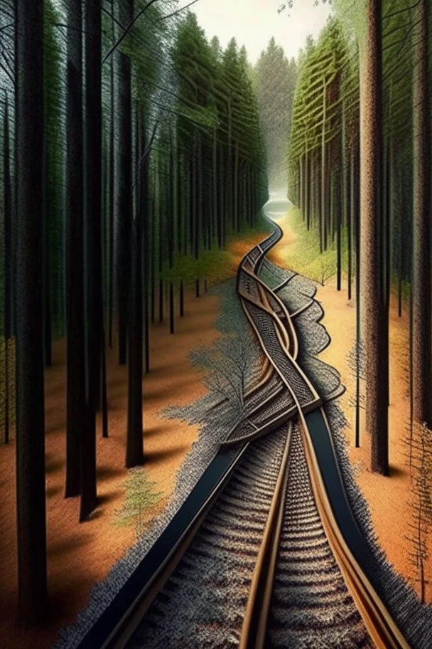 a railroad track, going through the woods, in various climate seasons, on 6 mathematical planes of perspective