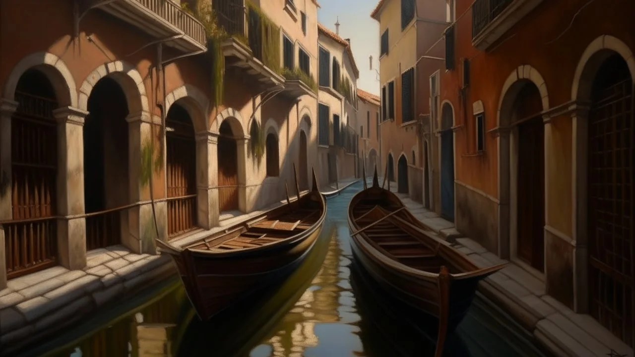 A hyper-realistic oil painting of a narrow Venetian canal with boats and buildings in the background, dappled lighting, brushed strokes capturing the play of light and shadow