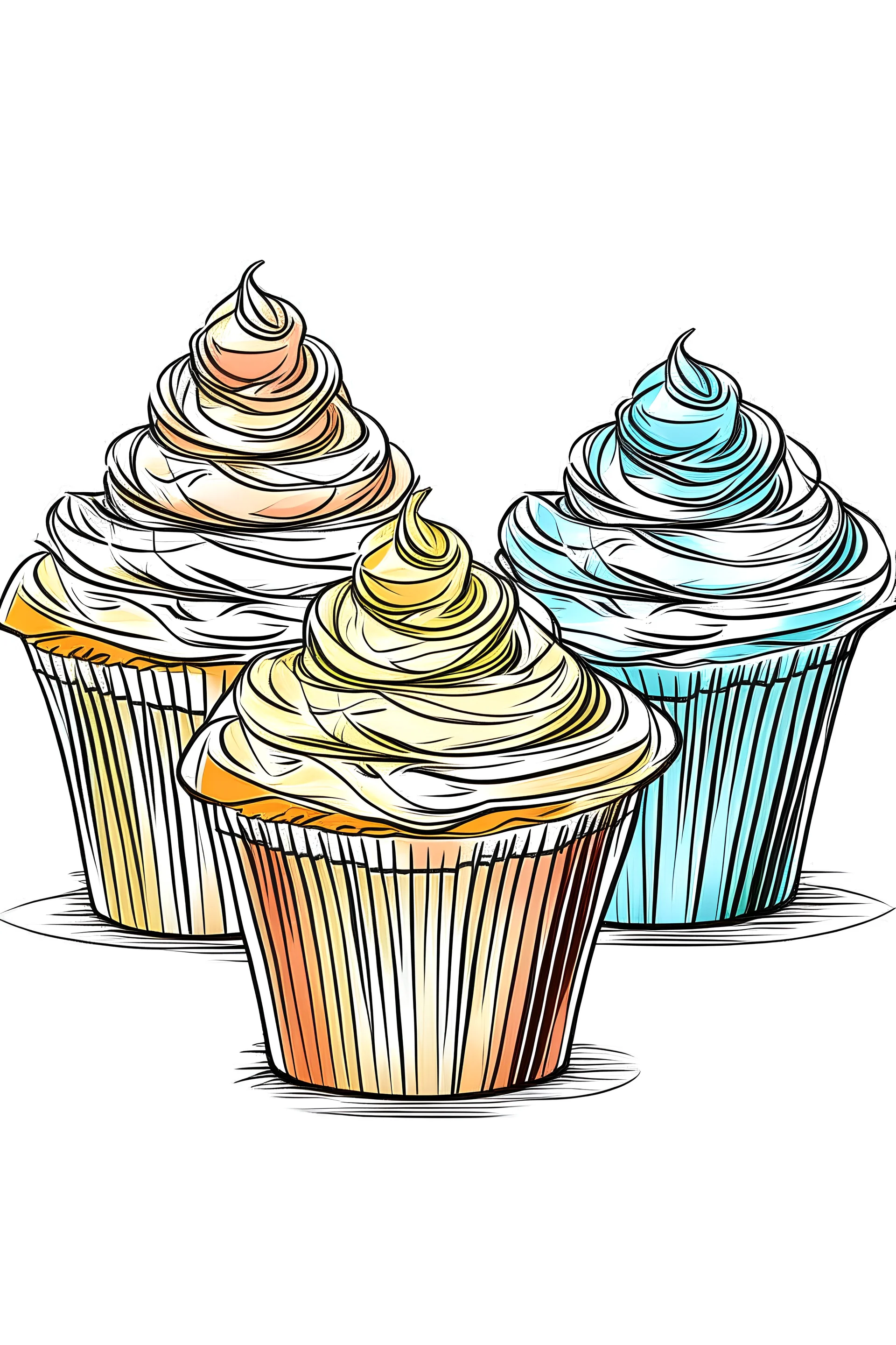 three cupcakes, white background, sketch style, full body, only use outline, , clean line art, white background. No shadow clear and well defined .