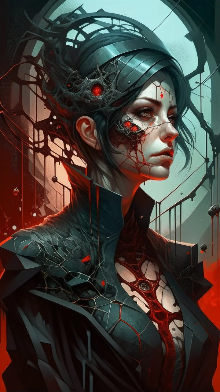 intricate calligraphy hexagonal ink portrait of a biohazard woman wearing destroyed clothes, dripping lovecraftian paint, eldritch bullet particles, stylized fantasy polygon art by WLOP, artgerm, peter mohrbacher, artstation award-winning professional portrait atmospheric fantastical, alluring gaze, tattooed body,minor cyberpunk details,art style by john Baptist Monge