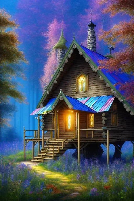 mystical forest, wooden cabin, fine detail, high quality, Neo-Impressionism, mystical, purple blue yellow silver teal black olive azurek, red, pink,