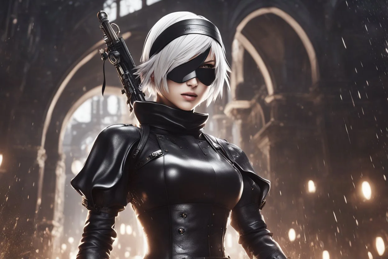 Hot 2B with blindfold in 8k nier automata artstyle, 2B them, 2B Custom, blindfold, close picture, rain, fantasy world, intricate details, highly detailed, high details, detailed portrait, masterpiece,ultra detailed, ultra quality