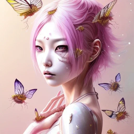  Asian woman, leaning pose, pink short hair, rabbit mask, latex suit,Punk style, Gradient background,style <Yoji Shinkawa>, Bones, leaning pose, watercolor illustration by <agnes cecile> butterflies everywhere, skulls, centipede, insects, nest, octopus, fly, squid, multiple eyes everywhere, Dryad, plants, wildflower, intricate detail , rusty metal, sidhe, ominous, portrait, high lighting,