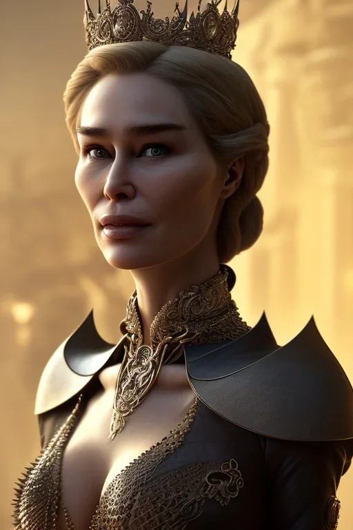 Cersei Lannister as evil queen in black leather, busty, cleavage, voluptuous, lena headay, angry, stern look. character design by cory loftis, fenghua zhong, ryohei hase, ismail inceoglu and ruan jia. unreal engine 5, artistic lighting, highly detailed, photorealistic, fantasy